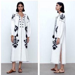 Zara Embroidered Kaftan Midi Dress NWT